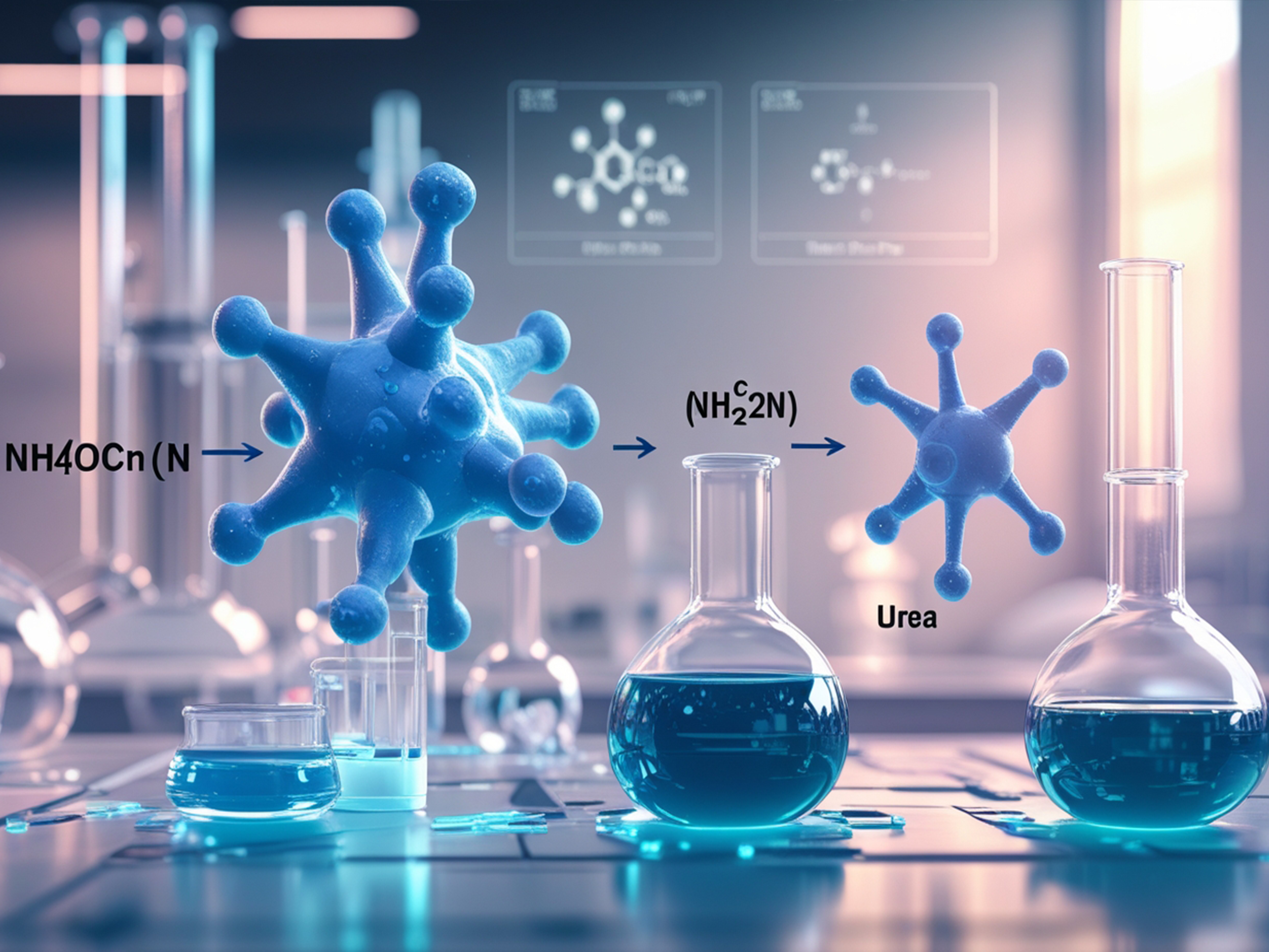 Illustration of the ammonium cyanate to urea chemical reaction, showcasing the isomerization process, molecular structures, and historical significance in organic chemistry.
