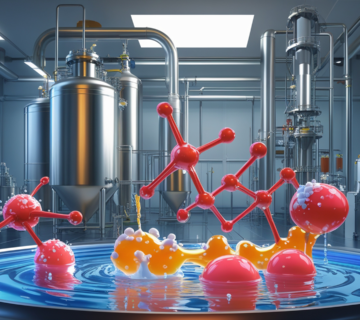 Detailed illustration of top anionic emulsifying agents used in bitumen emulsions, showcasing molecular structures and the stabilization process of bitumen droplets in water, with an industrial bitumen emulsion facility in the background.