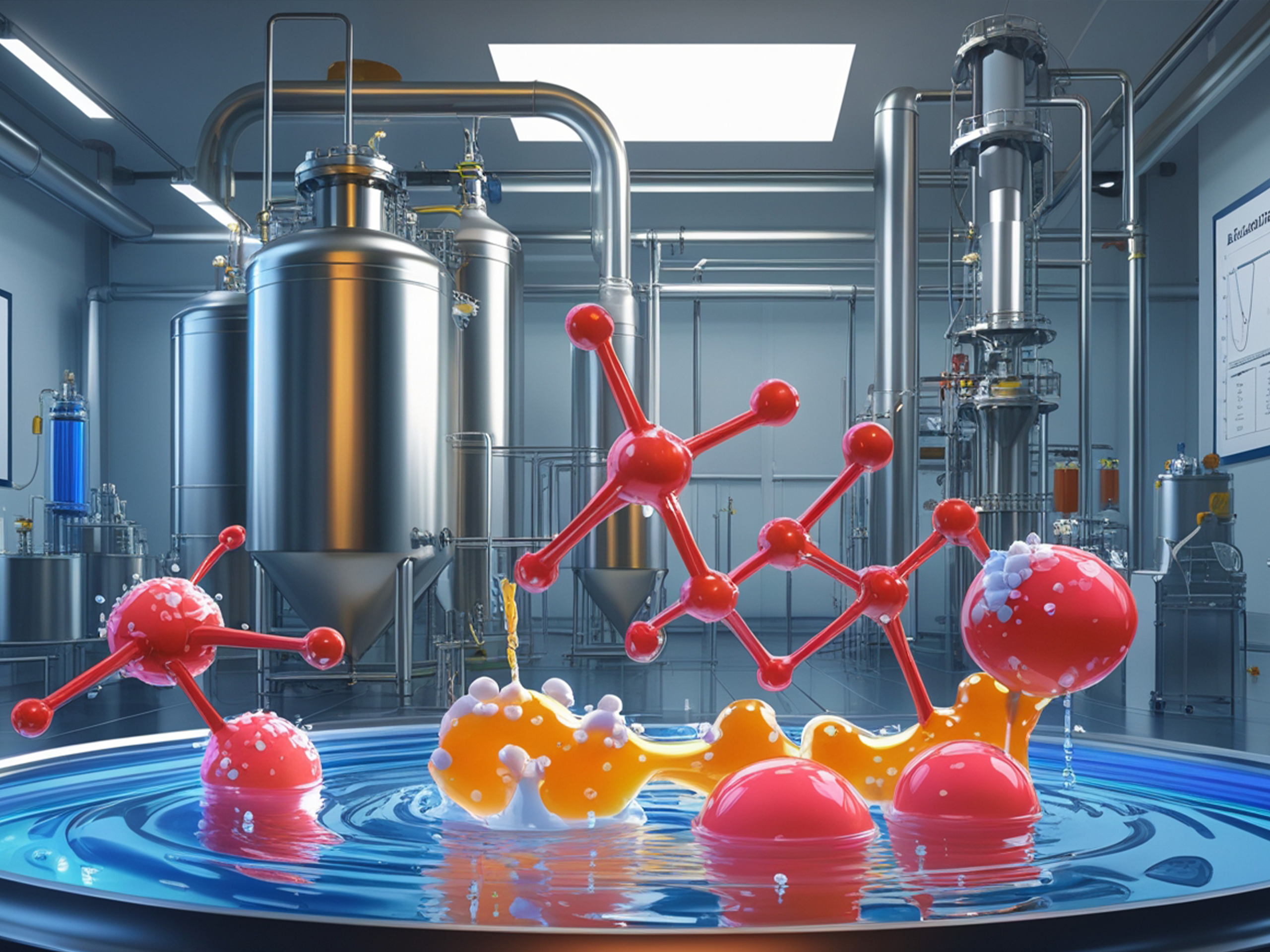 Detailed illustration of top anionic emulsifying agents used in bitumen emulsions, showcasing molecular structures and the stabilization process of bitumen droplets in water, with an industrial bitumen emulsion facility in the background.