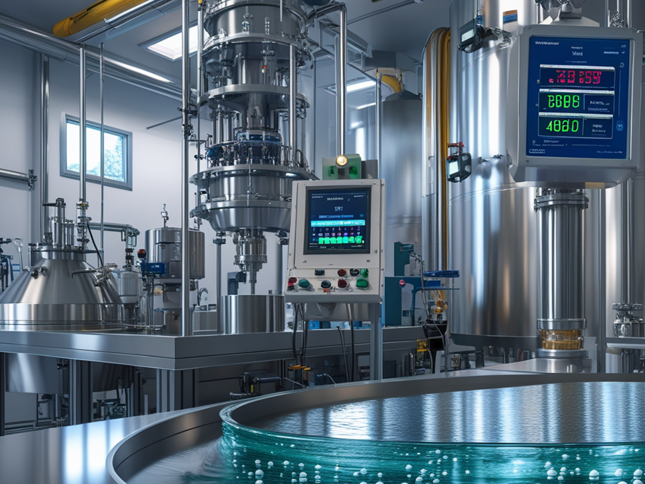 Industrial laboratory setup for anionic bitumen emulsion formulation, featuring high-shear mixers, insulated stainless steel storage tanks, and digital monitoring systems for viscosity, temperature, and pH control.