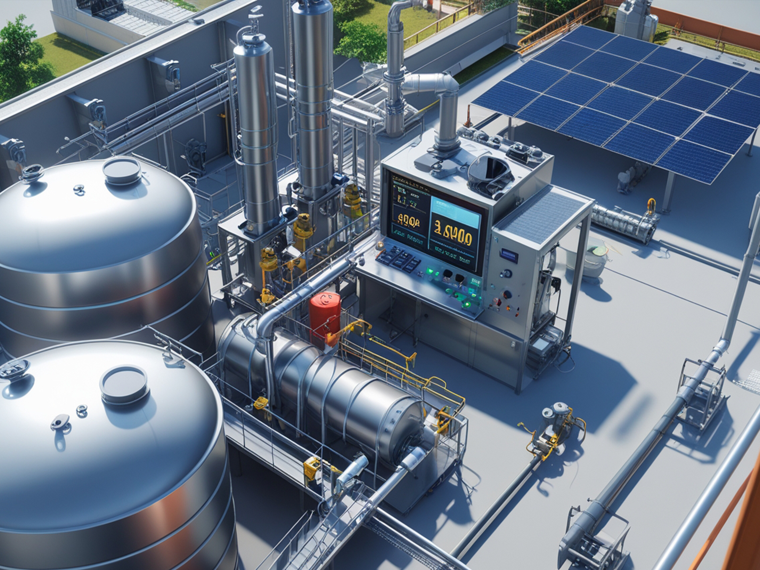 Optimized bitumen emulsion storage facility with insulated vertical steel tanks, digital monitoring systems, automated agitation, and temperature control for maintaining emulsion stability.